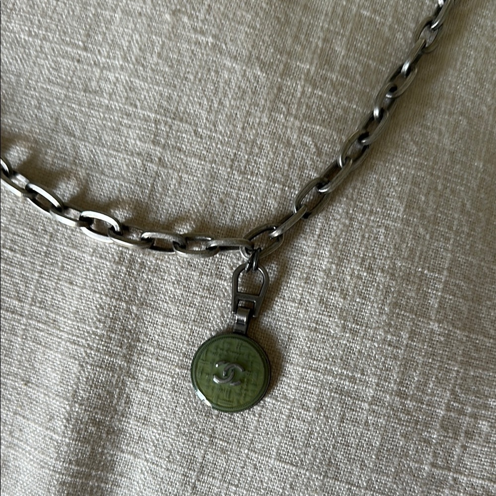 CHANEL Silver Necklace with Green Pendant